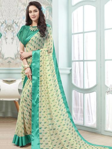 Contrast bordered printed saree with blouse - 15611550 - Very Small Image - 1