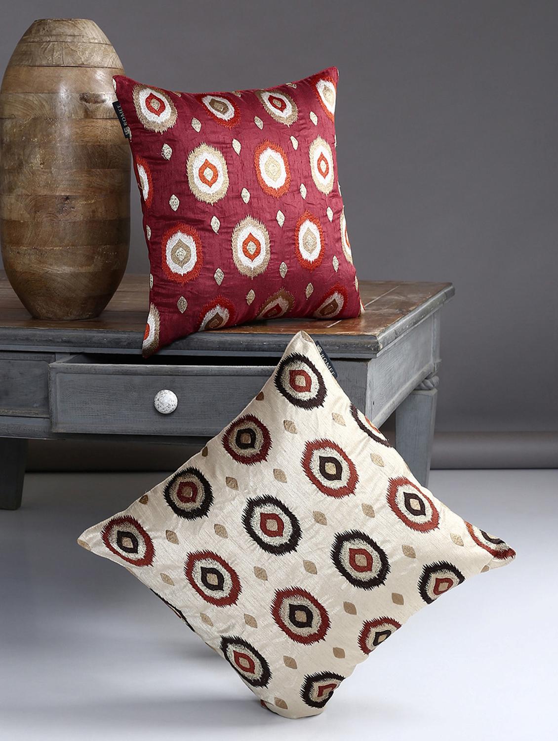 romee polyester embroidered cushion cover 16" x 16" set of 2 - red & beige - 15611766 - Zoom Image - 1