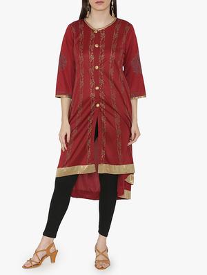 Rust high low block print kurta - 15611873 - Standard Image - 1