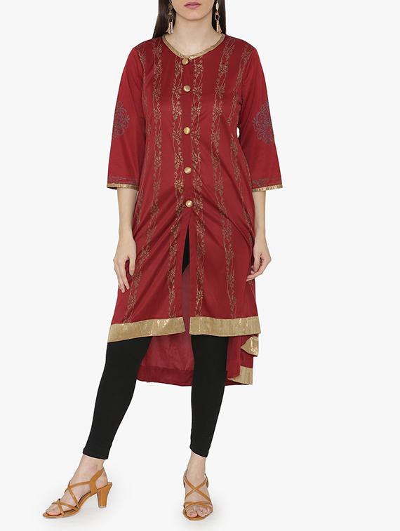 Rust high low block print kurta - 15611873 - Zoom Image - 1