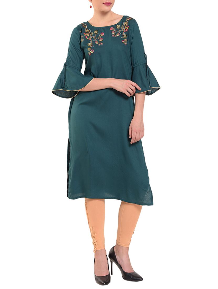Teal embroidered bell sleeves kurta - 15612050 - Zoom Image - 1