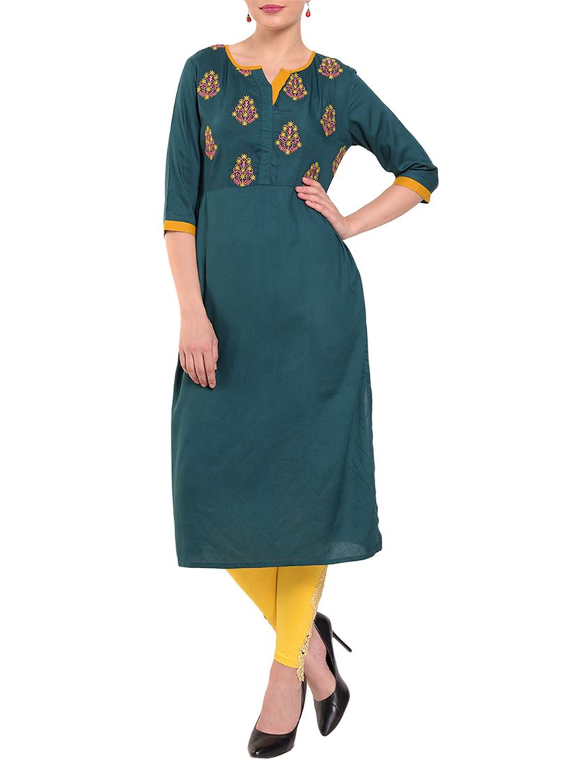 Teal embroidered straight kurta - 15612051 - Zoom Image - 1