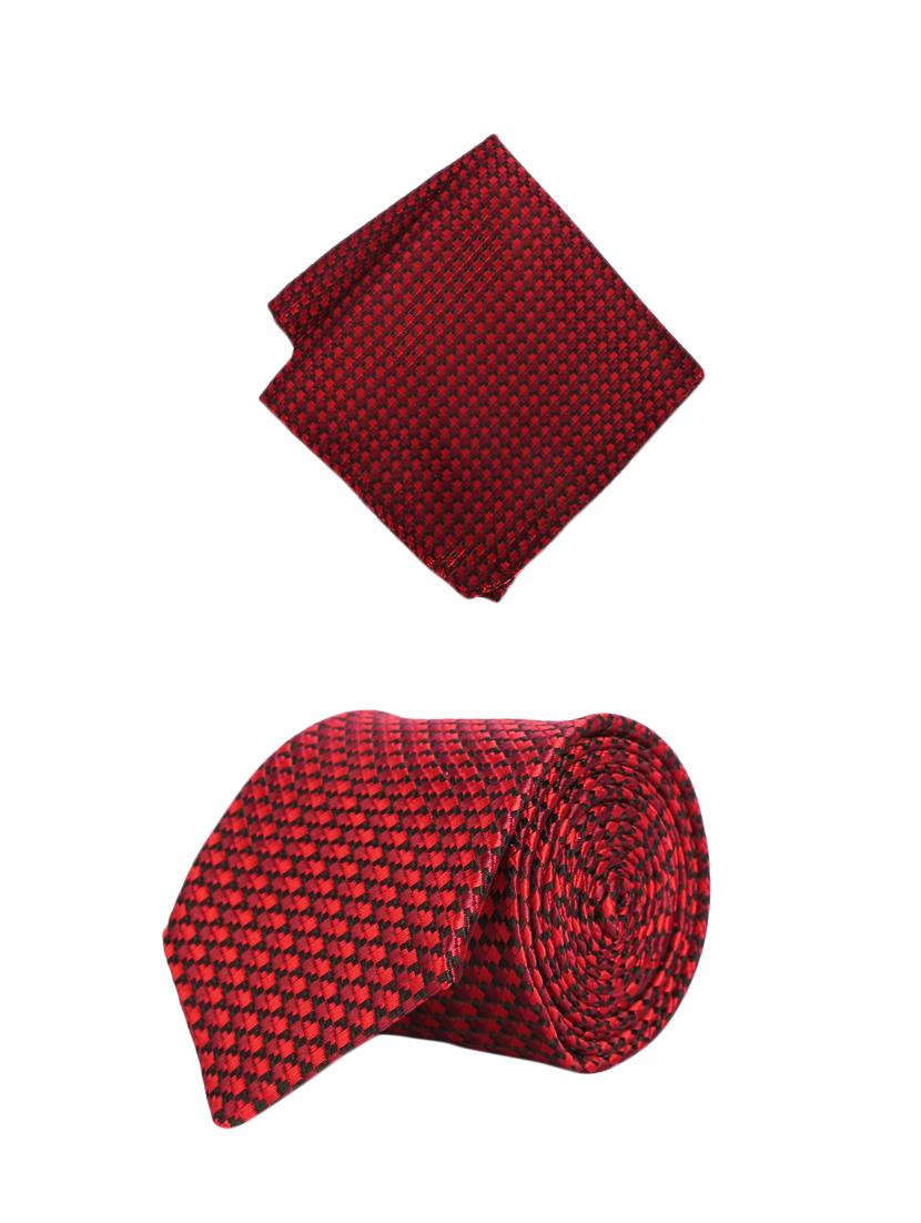red microfiber tie with pocket square - 15612101 - Zoom Image - 1