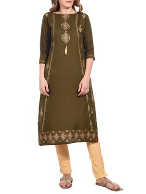 olive foil print straight kurta - 15612125 - Standard Image - 1