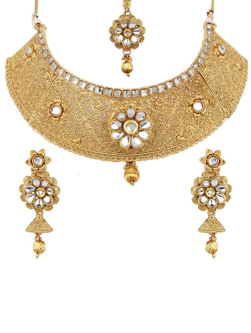 Gold Tone Necklace, Earrings & Maangteeka Set - 15612521 - Zoom Image - 1