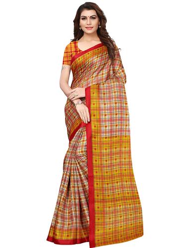 checkered printed mysore silk saree with blouse - 15613315 - Very Small Image - 1