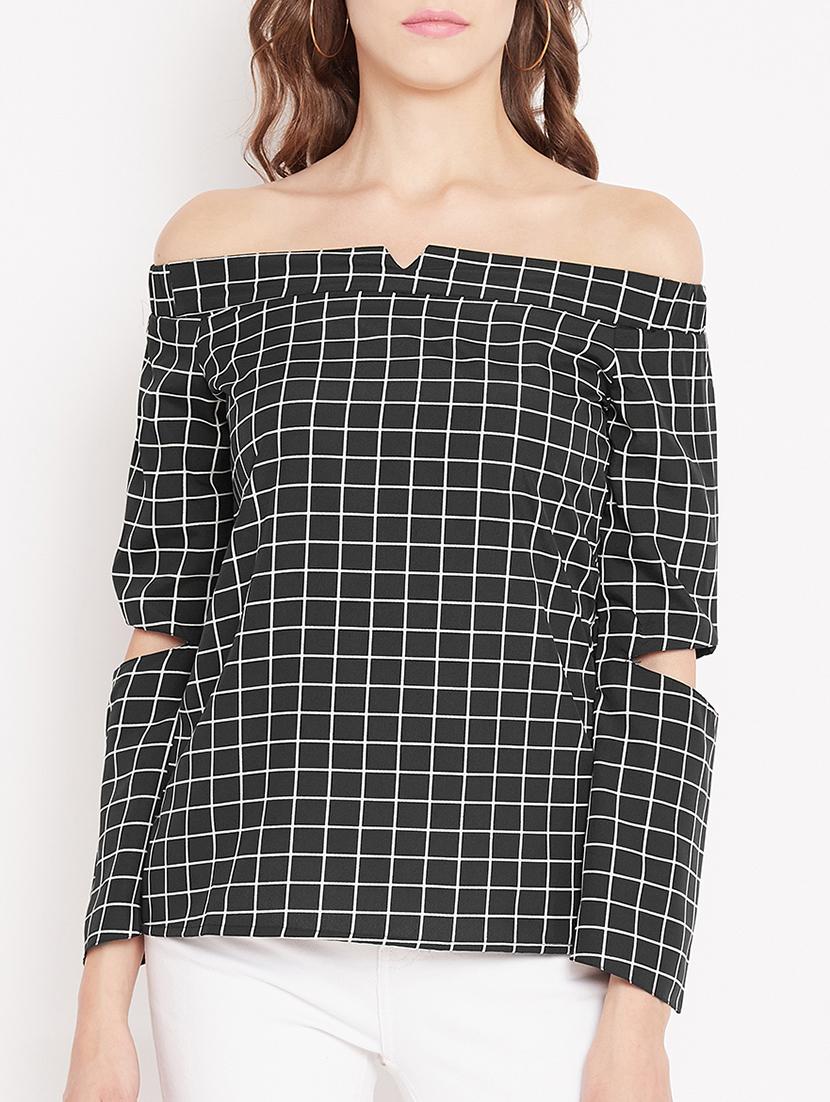sleeve cutout detail grid pattern top - 15613555 - Zoom Image - 1
