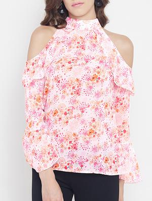 ruffled detail cold shoulder top - 15613558 - Standard Image - 1