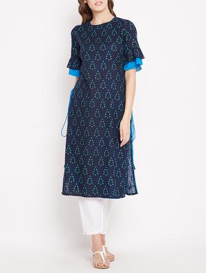Straight printed kurta with tassels - 15613593 - Standard Image - 1