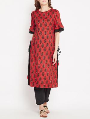 Straight printed kurta with tassels - 15613594 - Standard Image - 1