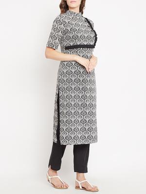 frilled detail printed straight kurta - 15613596 - Standard Image - 2