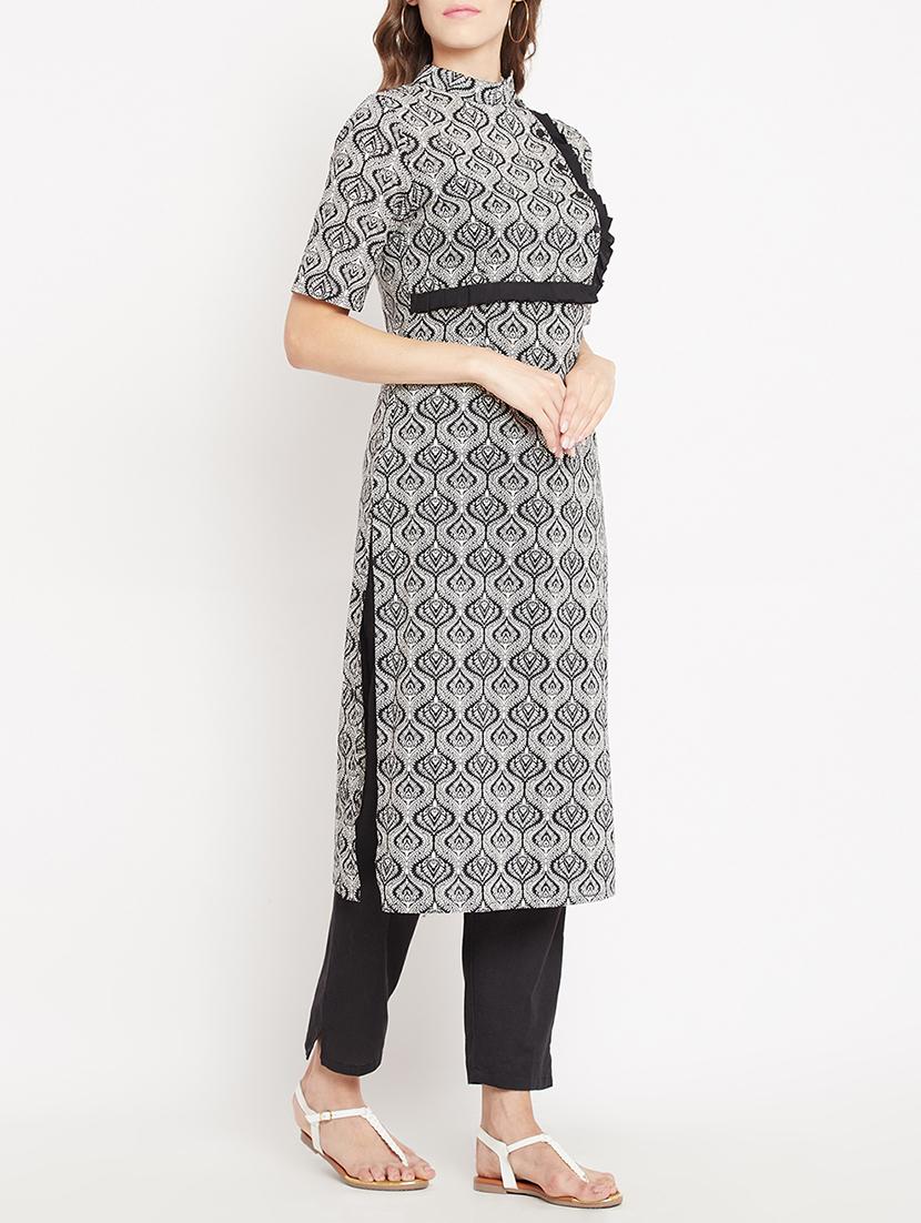 frilled detail printed straight kurta - 15613596 - Zoom Image - 2