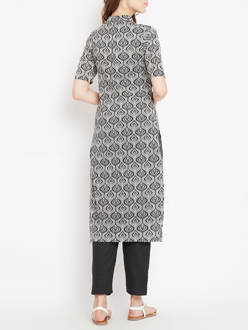 frilled detail printed straight kurta - 15613596 - Zoom Image - 3