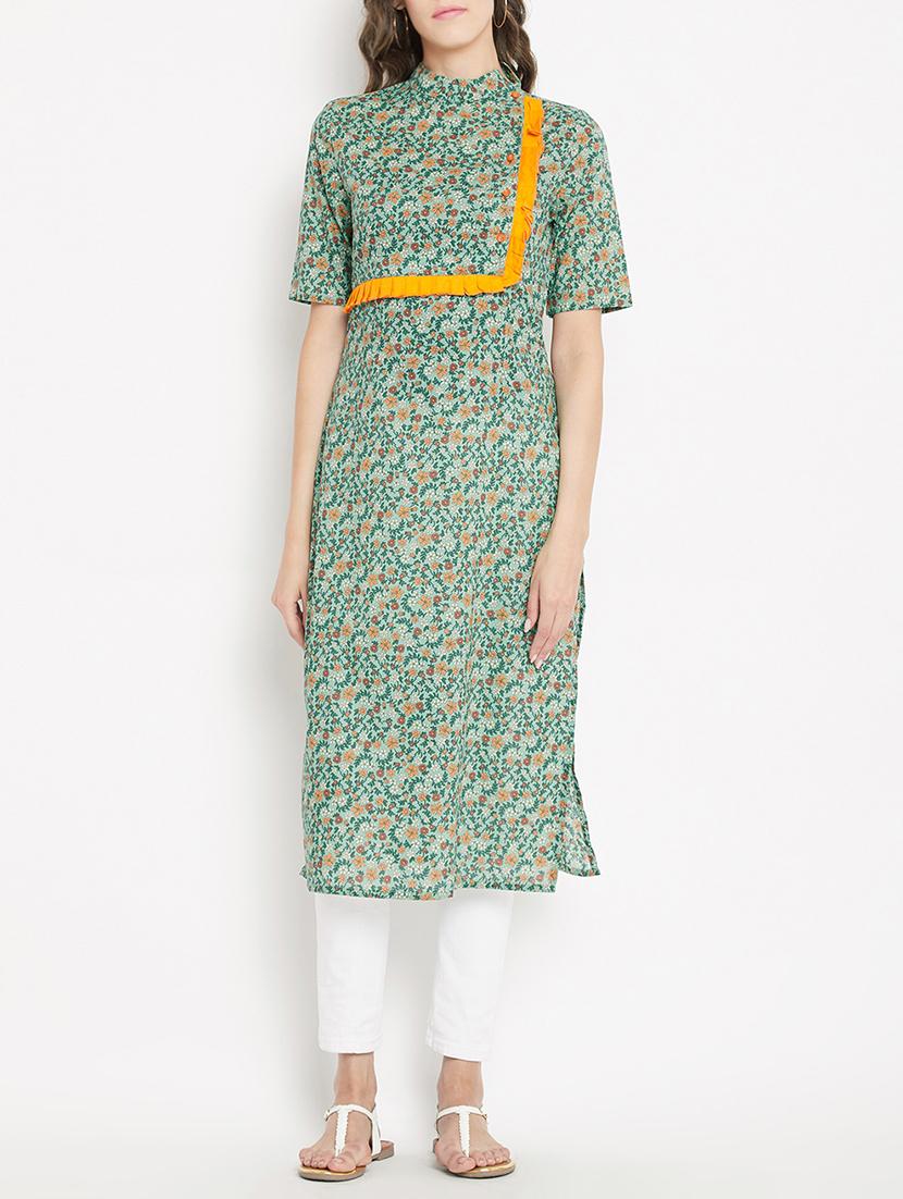 Frilled detail Printed straight kurta - 15613597 - Zoom Image - 1