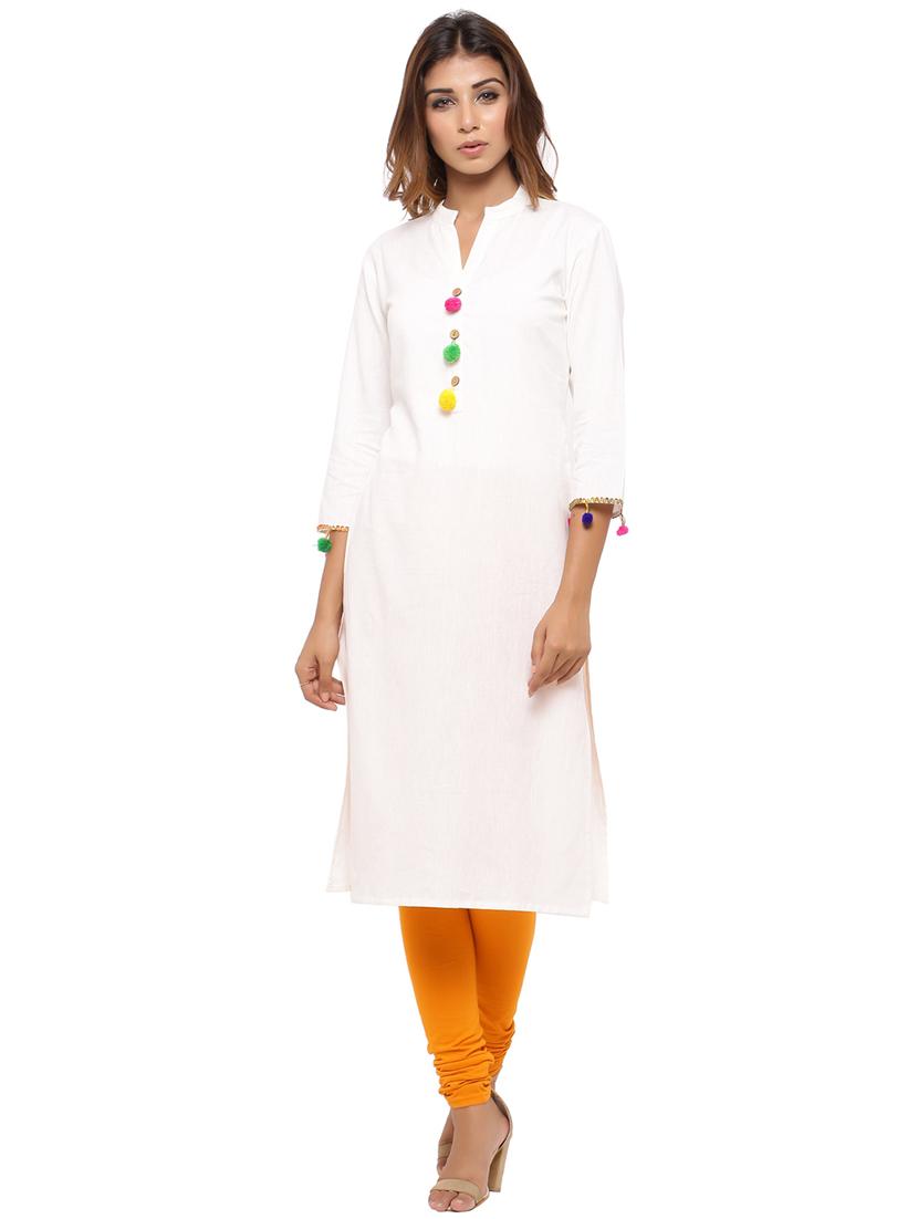 Straight pom pom solid kurta - 15614202 - Zoom Image - 1