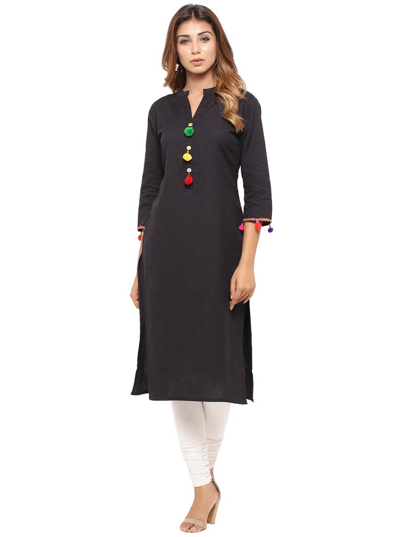 Straight pom pom solid kurta - 15614203 - Zoom Image - 1