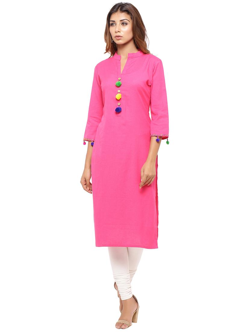 Straight pom pom solid kurta - 15614204 - Zoom Image - 1