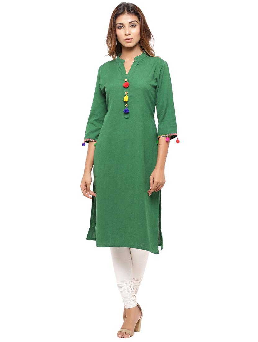Straight pom pom solid kurta - 15614205 - Zoom Image - 1