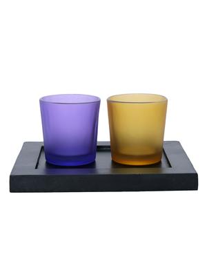 Hand Crafted Glass Votives with wooden Tray - 15614329 - Standard Image - 1