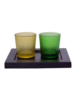 Hand Crafted Glass Votives with wooden Tray - 15614330 - Standard Image - 1