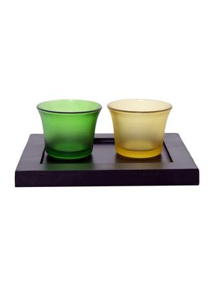 Hand Crafted Glass Votives with wooden Tray - 15614333 - Standard Image - 1