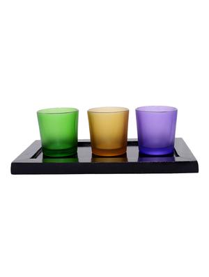 Hand Crafted Glass Votives with wooden Tray - 15614335 - Standard Image - 1