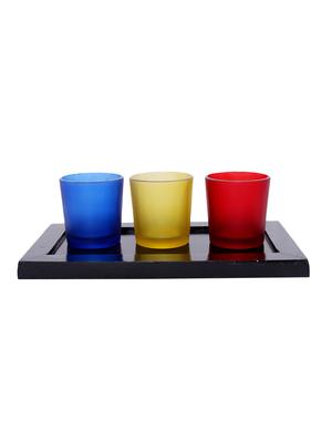 Hand Crafted Glass Votives with wooden Tray - 15614336 - Standard Image - 1