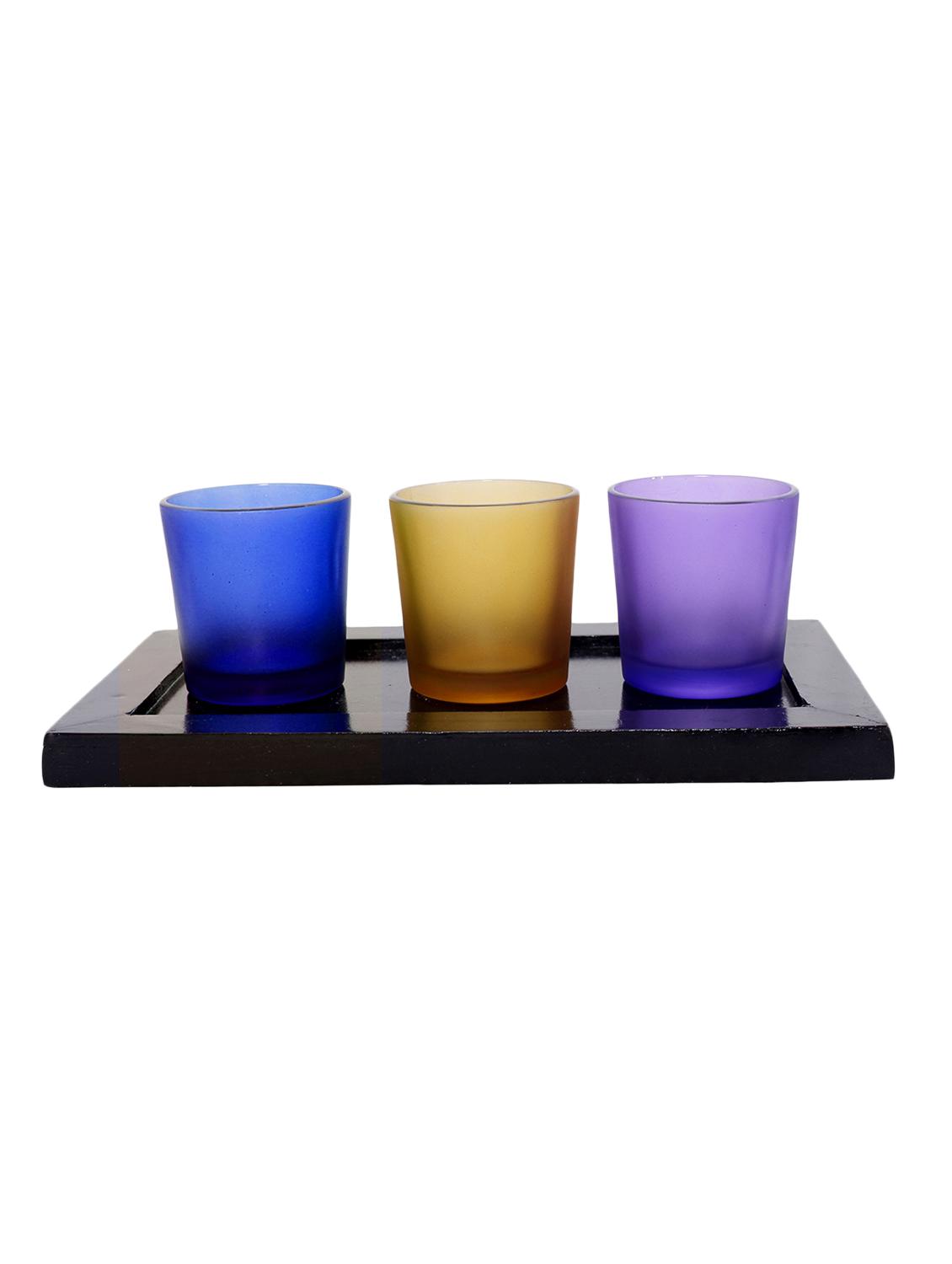 Hand Crafted Glass Votives with wooden Tray - 15614337 - Zoom Image - 1