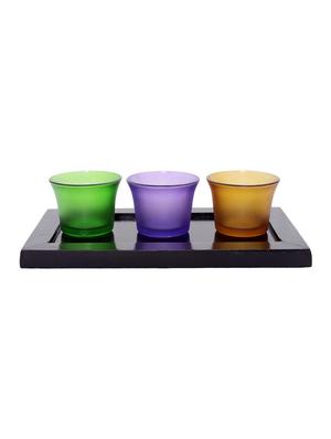 Hand Crafted Glass Votives with wooden Tray - 15614338 - Standard Image - 1