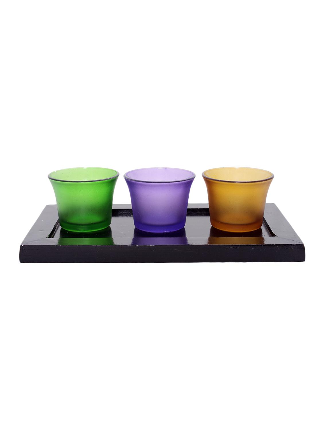 Hand Crafted Glass Votives with wooden Tray - 15614338 - Zoom Image - 1