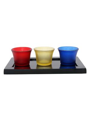 Hand Crafted Glass Votives with wooden Tray - 15614339 - Standard Image - 1