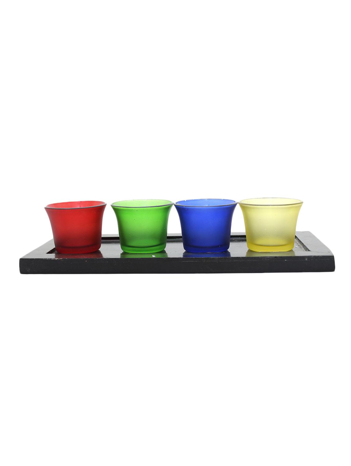 Hand Crafted Glass Votives with wooden Tray - 15614342 - Zoom Image - 1