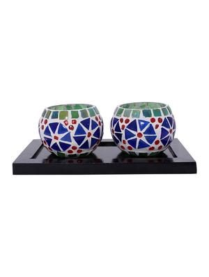 Hand Crafted Glass Votives with wooden Tray - 15614345 - Standard Image - 1