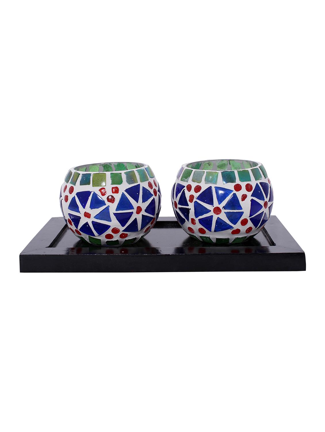 hand crafted glass votives with wooden tray - 15614345 - Zoom Image - 1