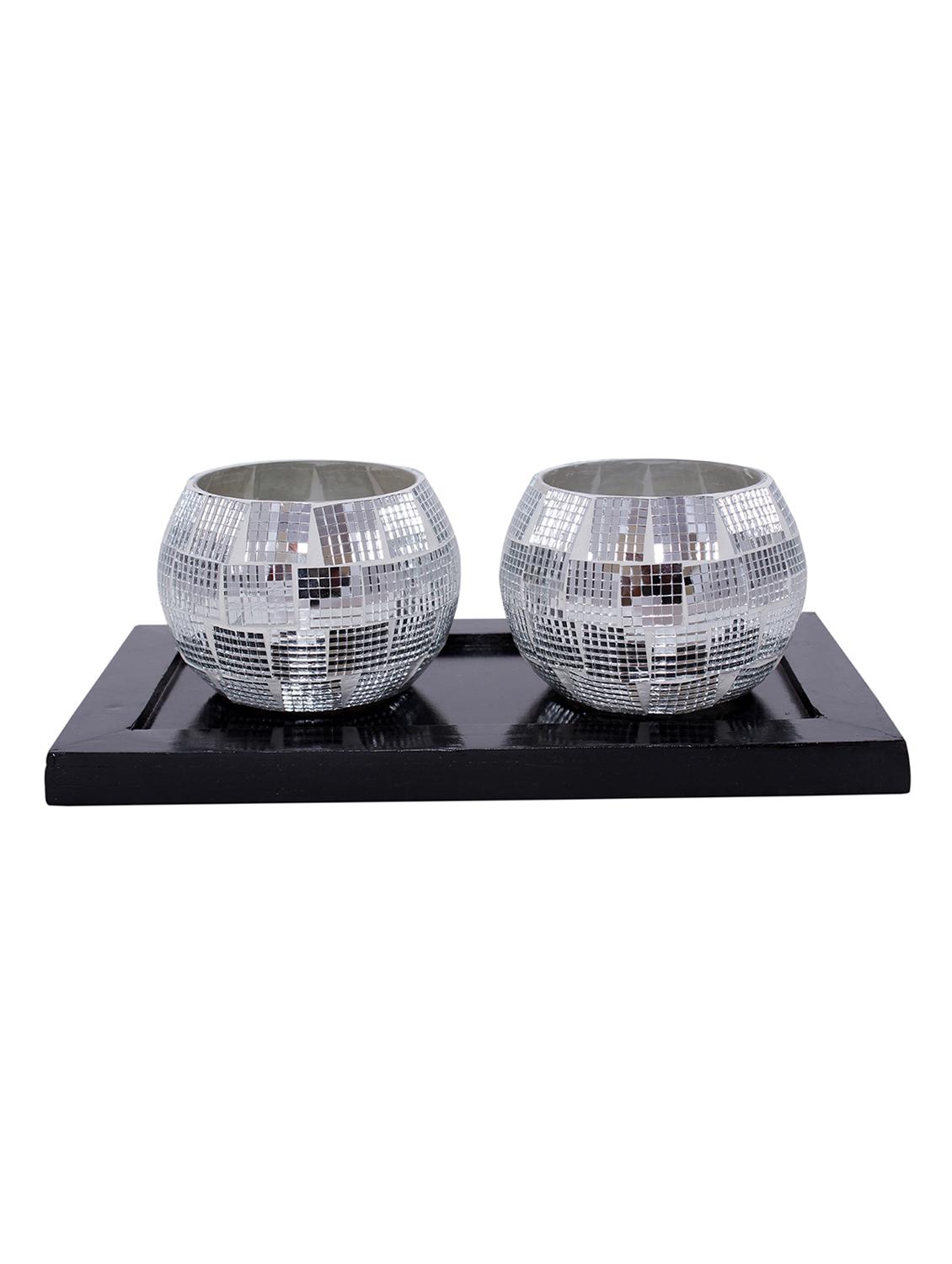 Hand Crafted Glass Votives with wooden Tray - 15614346 - Zoom Image - 1