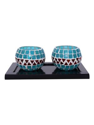 Hand Crafted Glass Votives with wooden Tray - 15614349 - Standard Image - 1