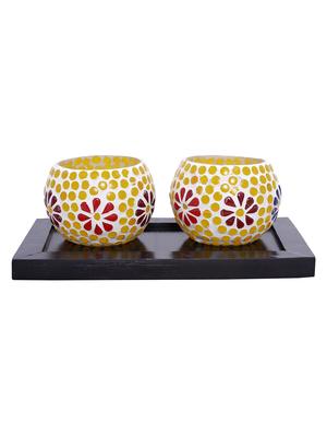 Hand Crafted Glass Votives with wooden Tray - 15614350 - Standard Image - 1