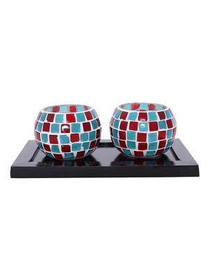 Hand Crafted Glass Votives with wooden Tray - 15614352 - Standard Image - 1