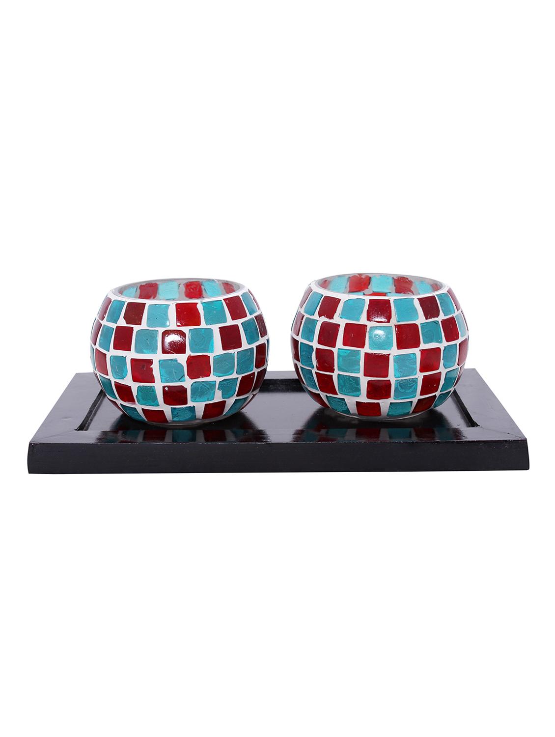 Hand Crafted Glass Votives with wooden Tray - 15614352 - Zoom Image - 1