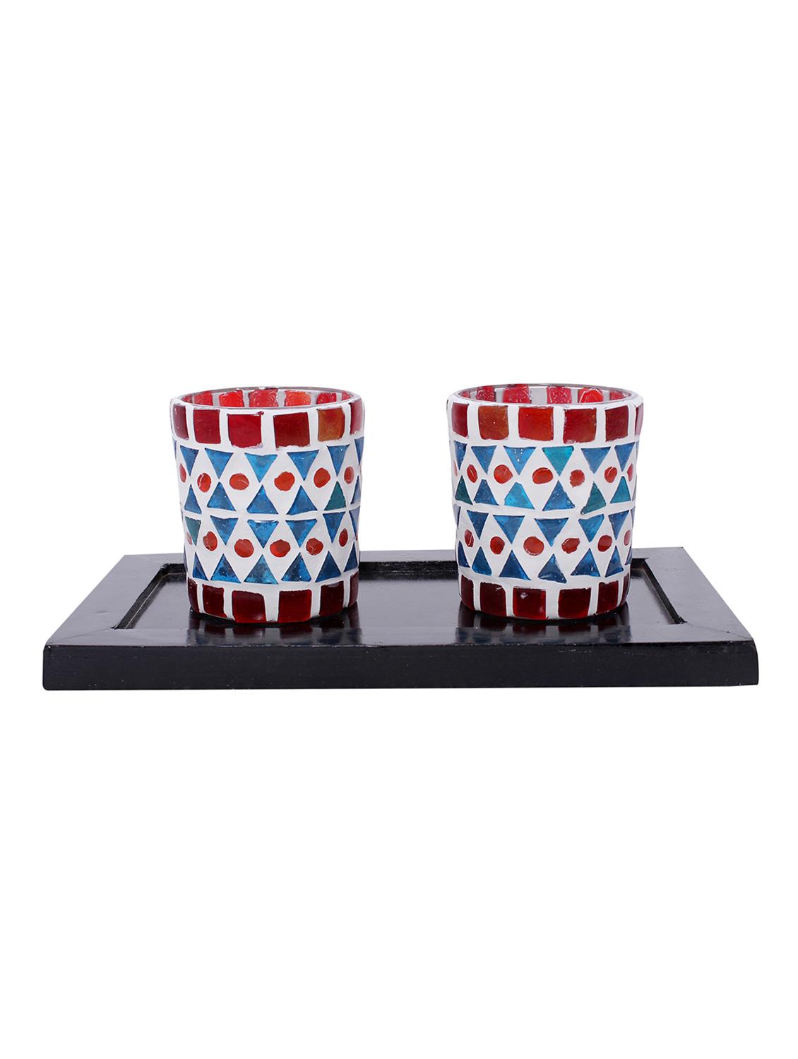 Hand Crafted Glass Votives with wooden Tray - 15614353 - Zoom Image - 1