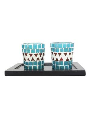 Hand Crafted Glass Votives with wooden Tray - 15614354 - Standard Image - 1