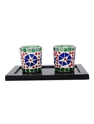 Hand Crafted Glass Votives with wooden Tray - 15614356 - Standard Image - 1