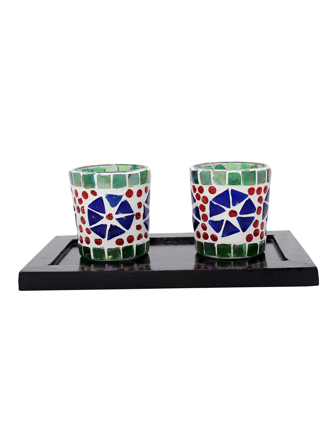 Hand Crafted Glass Votives with wooden Tray - 15614356 - Zoom Image - 1