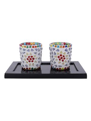 Hand Crafted Glass Votives with wooden Tray - 15614357 - Standard Image - 1