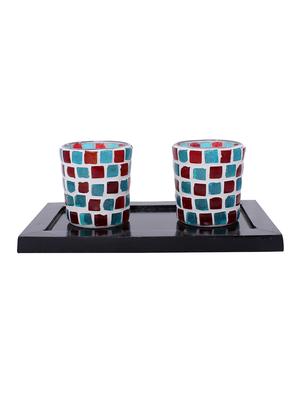 Hand Crafted Glass Votives with wooden Tray - 15614358 - Standard Image - 1