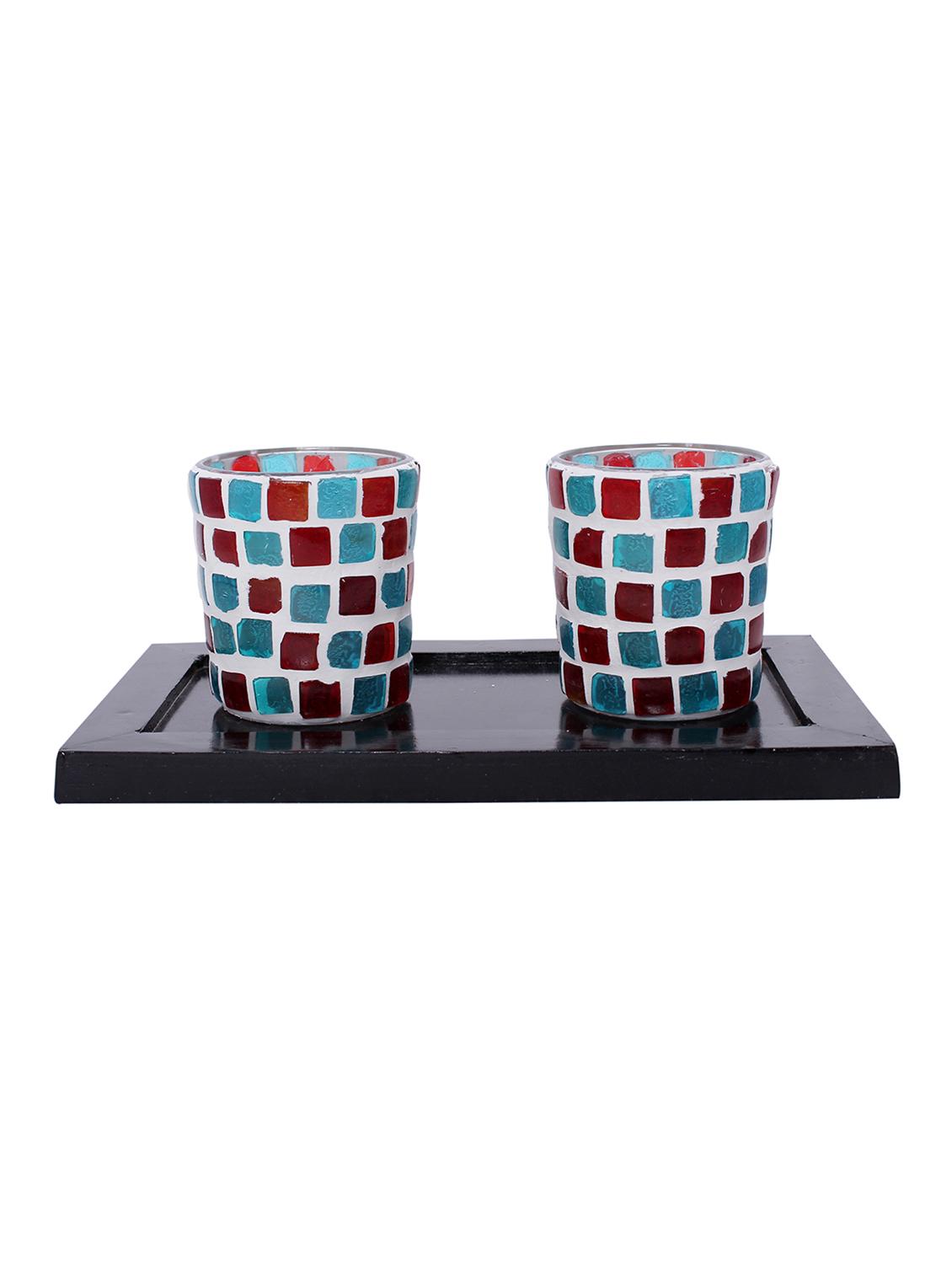 Hand Crafted Glass Votives with wooden Tray - 15614358 - Zoom Image - 1