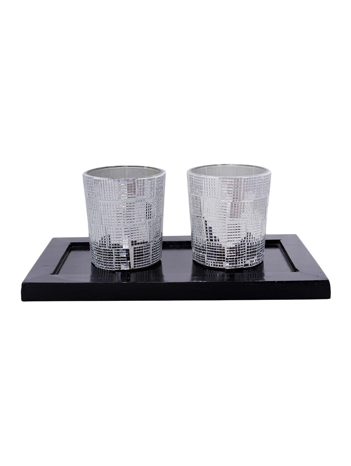 Hand Crafted Glass Votives with wooden Tray - 15614360 - Zoom Image - 1