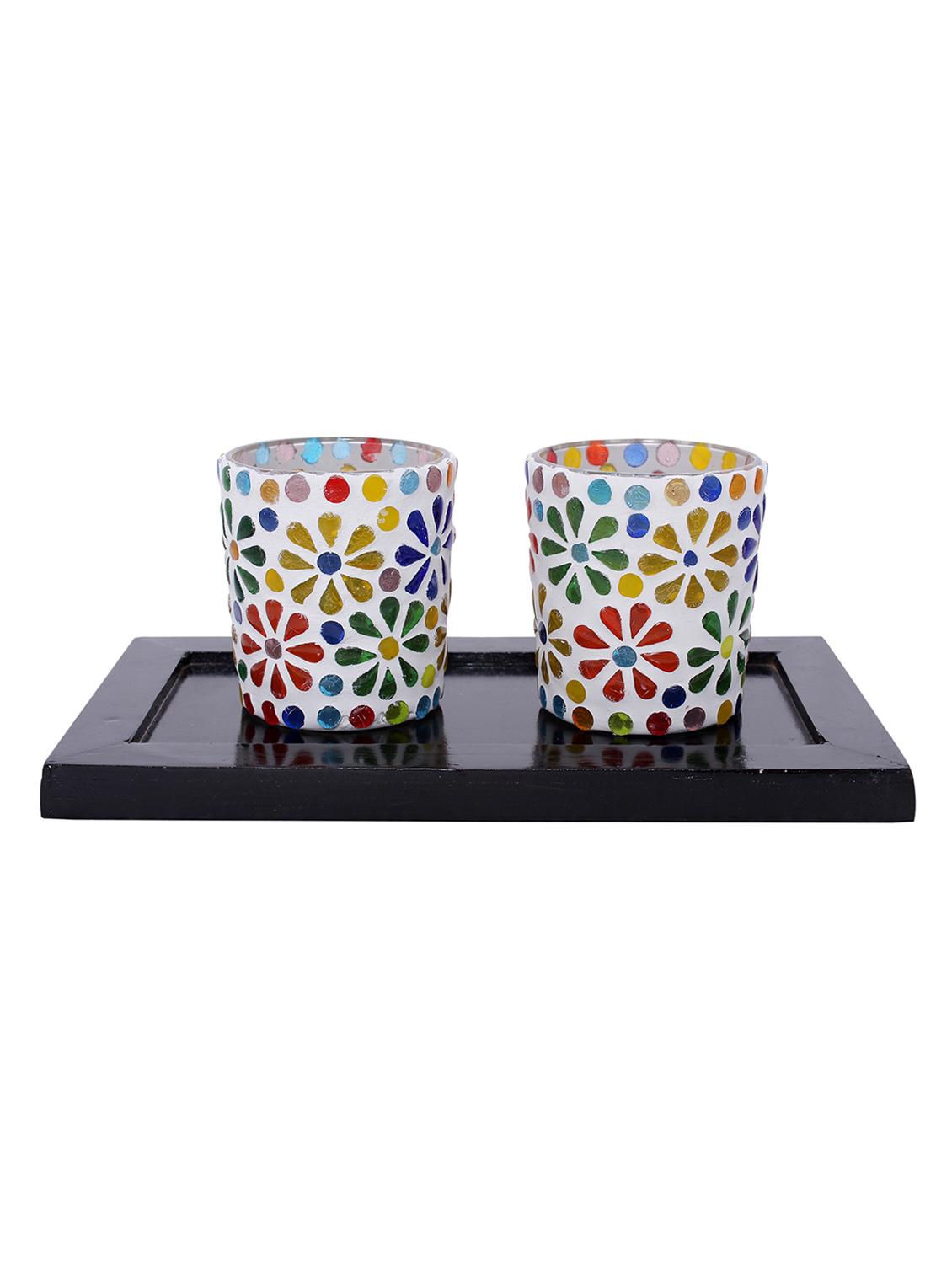 Hand Crafted Glass Votives with wooden Tray - 15614362 - Zoom Image - 1