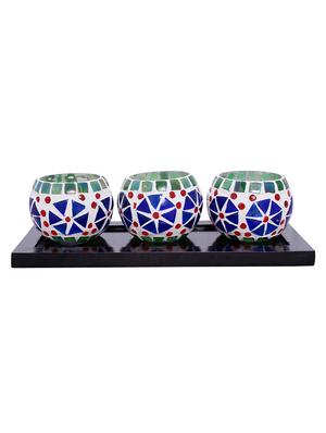 Hand Crafted Glass Votives with wooden Tray - 15614363 - Standard Image - 1