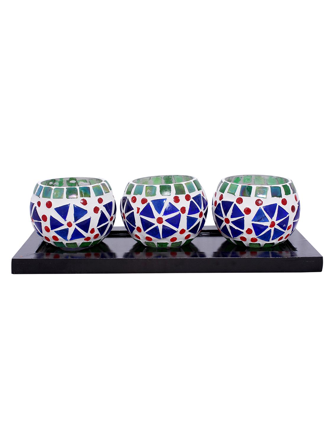 Hand Crafted Glass Votives with wooden Tray - 15614363 - Zoom Image - 1